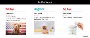 pure and natural pet media article covers showing cute pictures of dogs and products